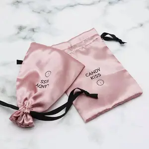 high quality luxury logo printed custom satin bags silk satin drawstring bag