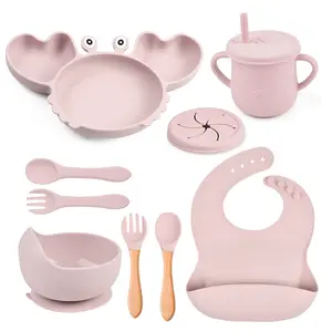 Set di granchi personalizzati 9 pezzi del fornitore di disney yfama piatto per bambini in silicone ciotola per bambini sippy cup bavaglino cucchiaio per bambini da pranzo in silicone set per l'alimentazione del bambino