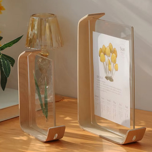 <b>Double</b> Sided Acrylic <b>Photo</b> <b>Frame</b> Wooden Tabletop Display Stand Modern Leaf Carving Specimen Desktop Decor - Product Image 2