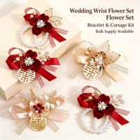 Corsage Pergelangan Tangan Buatan dari Mutiara Logam Merah, Hiasan Tangan Berhiaskan Rhinestone dengan Motif Kebahagiaan Ganda Cina untuk Pengiring Pengantin dan Pengantin Wanita.