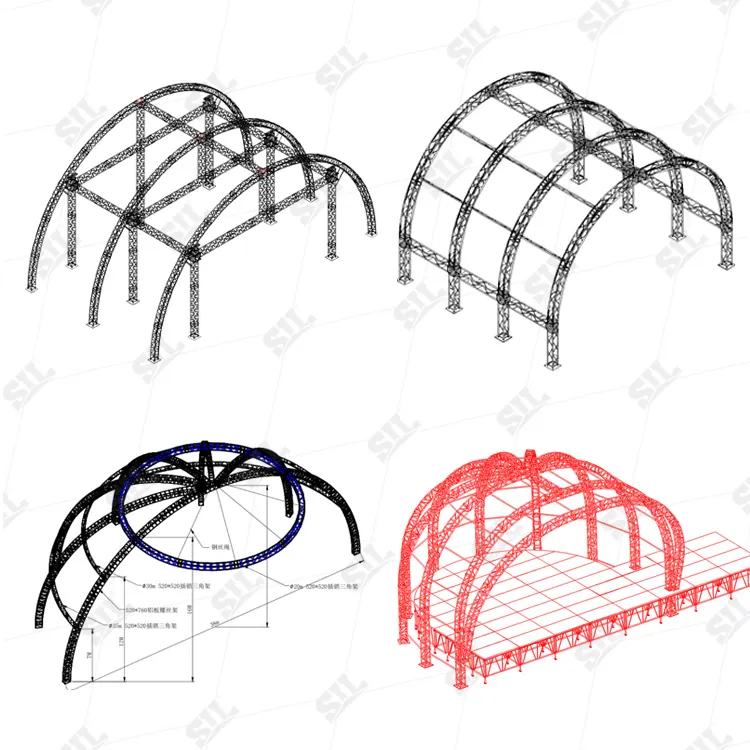 Cheap Stage Roof Truss System Iluminación Dj Equipment Aluminio Metal Span Lona Pvc Canopy Arc Round Semi Circle Dome Roof Truss