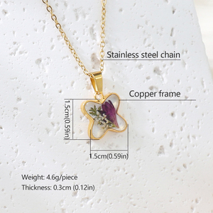 สร้อยคอแฮนด์เมดลายใบโคลเวอร์สี่แฉกประดับดอกไม้แห้งแท้ กรอบสแตนเลส เรซิ่นทันสมัย ของขวัญวันวาเลนไทน์สำหรับผู้หญิง - Product Image 3
