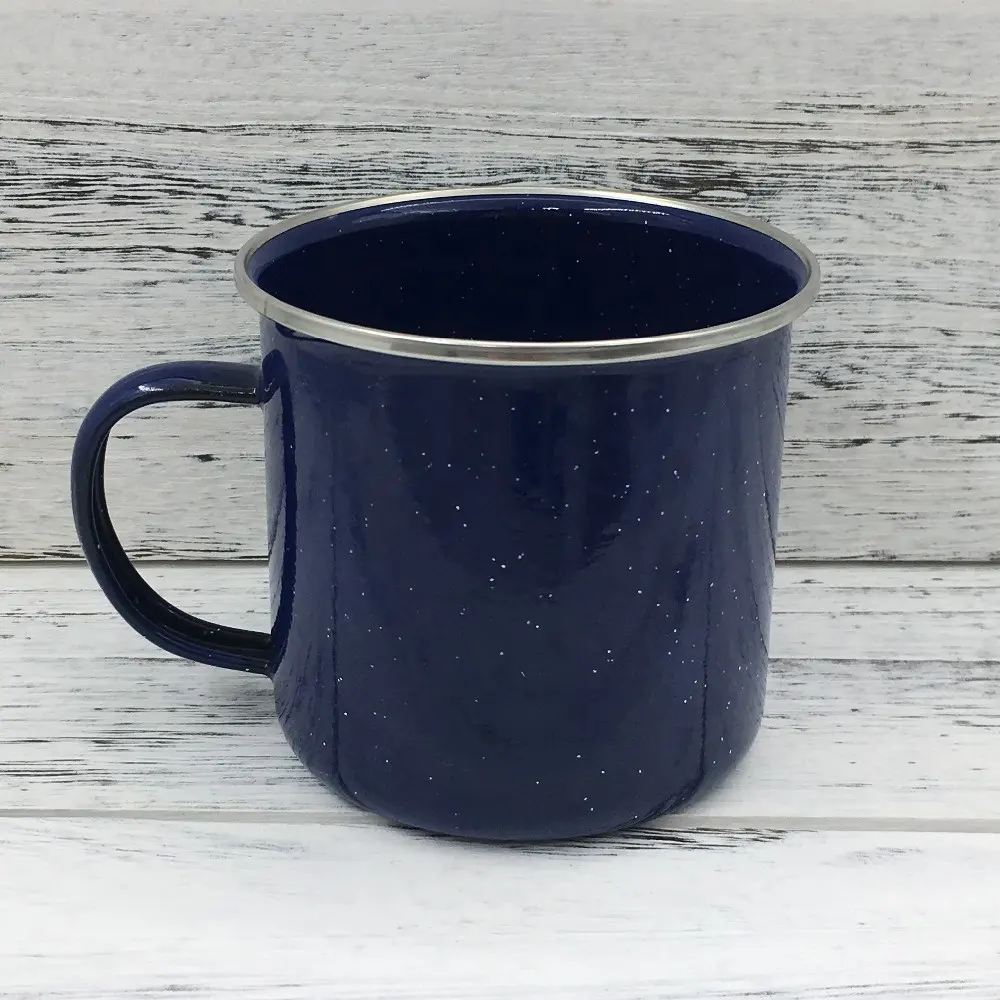 Emaille Becher Blau mit weißen Punkten, Emaille und Edelstahl Rand Kaffee Camping Metall Tasse