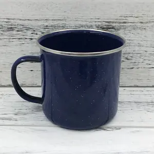 Enamel Mug Blue with White Dots, Enamel and Stainless Steel Rim Coffee Camping Metal Cup