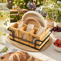 Organisateur d'ustensiles de cuisine en bois avec couvercle en acrylique, porte-serviettes en papier, plateau à couverts et distributeur d'assiettes en carton pour cuillères et fourchettes
