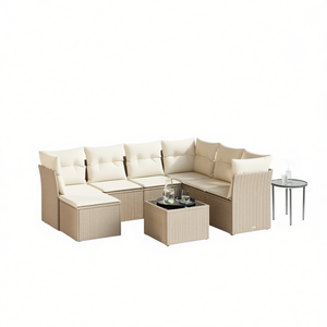 Set Divano da Giardino Moderno in Polyrattan Beige con Telaio in Acciaio, Arredamento da Esterno 6 Posti, Divano Sezionale Premium con Tavolo in Vetro - Product Image 1