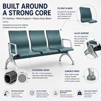 Banc d'attente moderne 3 places pour aéroport, en mousse PU, avec accoudoirs en aluminium et structure en acier, pour espaces publics, hall d'entrée, gare, école, centre commercial