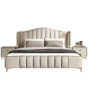 Luxury white upholstered leather bed post-modern master bedroom king queen double soft bed modern gold chrome frame wedding bed