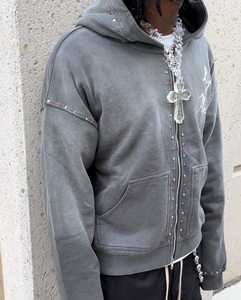 Sweat-shirts à capuche zippés Streetwear personnalisés, 450 g/m², impression sérigraphique, effet vieilli, délavé à l'acide, effet soleil, avec strass - Product Image 3