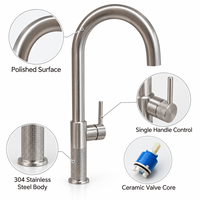 Robinet de cuisine moderne en acier inoxydable brossé, mitigeur monocommande monotrou à poser, eau chaude et froide