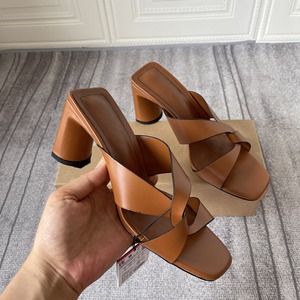 New Style Casual Women's Brown Block Heel <b>Sandals</b> - Minimalist Square Toe, Open-Toe, Outdoor-Wearable High-Heel Slides - Product Image 1