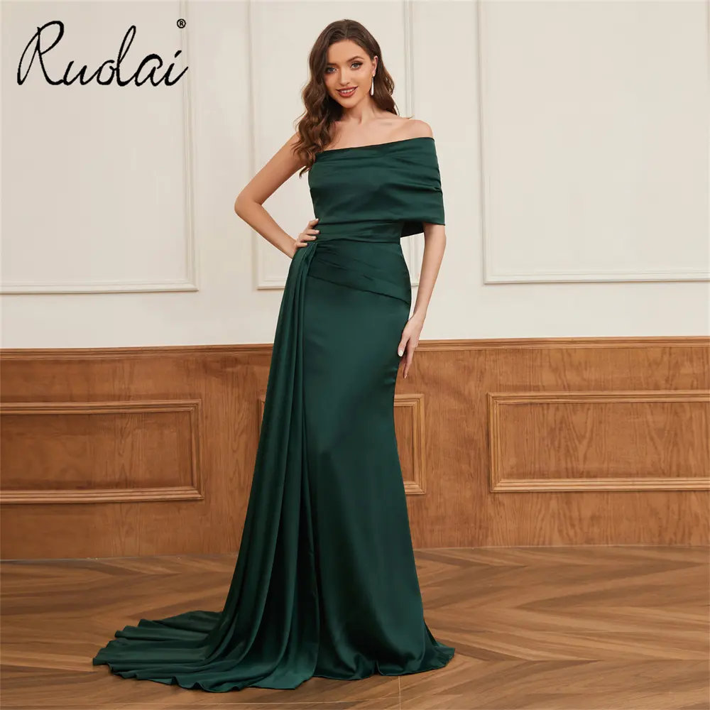 Ruolai LDC6607 Elegant Strapless Solid Dark Green Sheath Satin Evening Dresses Gowns for Women robe de soiree