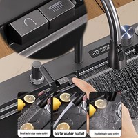 Évier de cuisine à cuve unique en acier inoxydable nano noir, fabriqué à la main, directement de l'usine, avec porte-couteaux et robinet cascade à affichage numérique