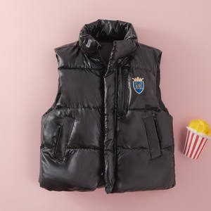 <strong>Black</strong> Glossy Padded Breathable Kids Vest-Turtleneck Collar Zipper Closure Crown Letter M Crest Decor Sleeveless <strong>Gilet</strong> for <strong>Girls</strong> - Product Image 1