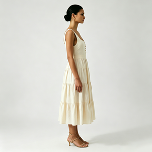 <span class=keywords><strong>Robe</strong></span> longue beige à volants avec encolure carrée et <span class=keywords><strong>d</strong></span>étail boutonné sur le devant pour femme, tenue <span class=keywords><strong>d</strong></span>écontractée élégante <span class=keywords><strong>d</strong></span>'été - Product Image 2