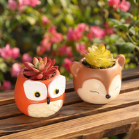 Set Pot Bunga Resin Hewan Kartun ROOGOCute Grosir, Panda, Burung Hantu, Rubah, dengan Lubang Drainase, Buatan Tangan, Dekorasi Rumah dan Taman