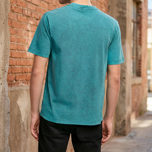 Men's Washed <b>Vintage</b> Solid Teal Short Sleeve O-Neck T-Shirt Pure Cotton Casual Regular Fit <b>Tee</b> - Product Image 3