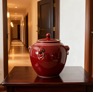 <span class=keywords><strong>Vaso</strong></span> in Ceramica Smaltata Rosso Scuro con Manico a <span class=keywords><strong>Testa</strong></span> di Leone per Arredamento di Lusso - Product Image 3