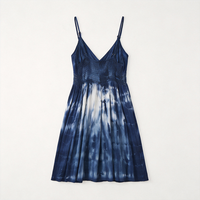 Robe à bretelles spaghetti en viscose bleue tie-dye pour femme, certifiée GOTS et OEKO-TEX, HuaYi |   Robe d'été à taille empire, coupe trapèze, avec lacets