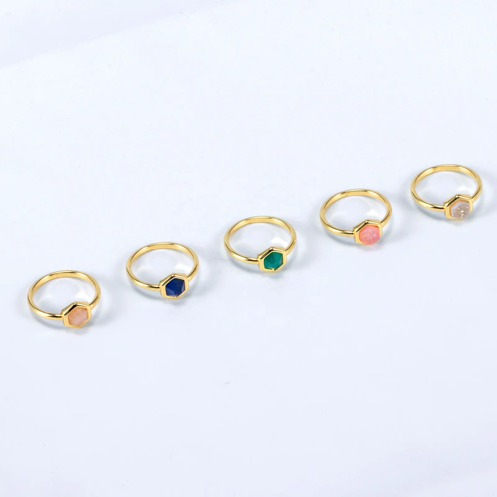 Conjunto de anillos de piedra Natural coloridos, anillos de piedra cuadrados hexagonales, joyería para mujer, anillos de joyería de latón de acero inoxidable chapado en oro de 14K
