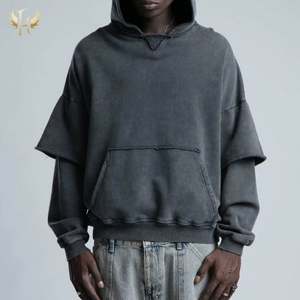 Vente en gros de sweat à capuche vintage 100% coton délavé à l'acide manches double couche 460 g/m² de couture brute sans cordon de serrage pour l'hiver - Product Image 5