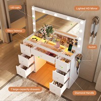 Lampes de coiffeuse LED modernes et durables avec multiprise et grands tiroirs – Table de maquillage en MDF blanc et acier inoxydable pour chambre à coucher et maison