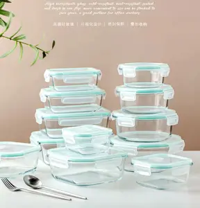 Boîte à Bento rectangulaire/ronde/carrée en Borosilicate, récipient de stockage des aliments en verre sous vide avec couvercle en plastique