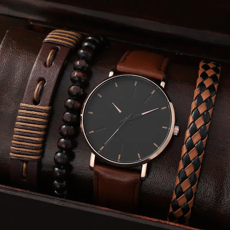 4 unids/set reloj de cuarzo con puntero redondo clásico para hombre, reloj de moda para hombre, conjunto de regalo