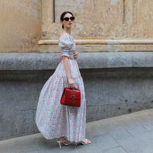 Fabricant de robe longue à imprimé floral pour femmes tenue décontractée élégante manches bouffantes dos ouvert découpe taille tissu tissé à volants - Product Image 3