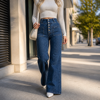 Jean évasé taille haute bleu foncé pour femme, coupe large, tendance, avec plusieurs boutons, en denim délavé style vintage