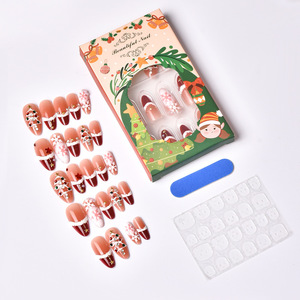 24 faux ongles de Noël en amande à presser, couleur blush, avec sapin de Noël 3D français et étoiles incrustées à la main, pour une manucure festive - Product Image 5
