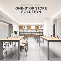Vitrine de présentation de téléphones portables en bois sur mesure, éclairée par LED, robuste, étanche, écologique, avec revêtement en poudre et câble dissimulé
