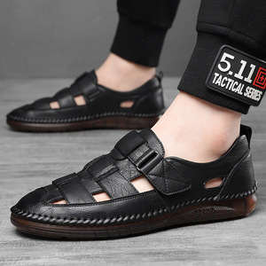 Sandalias Planas con Punta Cerrada, Parte Superior de Cuero Genuino, Suela de Goma, Transpirables, con Cierre de Velcro, Zapatos Casuales de Verano para Hombre - Product Image 4