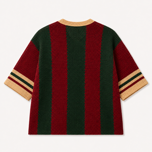 Pull en jersey tricoté au crochet personnalisé pour femme, col en V, rayé, manches courtes, coupe oversize, avec nom et numéro de pays - Product Image 4