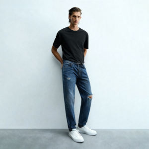 Nouvelle tendance, jeans slim fit bleu moyen pour homme, légèrement délavé, déchiré, pantalon en denim, streetwear urbain tendance, pantalon pour homme, doux - Product Image 4