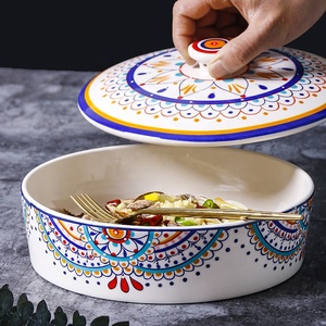 Grand bol en céramique de style bohème méditerranéen avec couvercle Bol à soupe Bol à salade bohème - Product Image 5