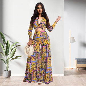 Ensemble 2 pièces décontracté pour femme : haut court imprimé à lacets et pantalon large - Product Image 2