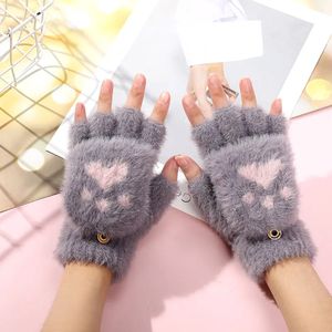 I-0059 <b>Women</b> Cute Claw Paw Plush <b>Mittens</b> Warm Soft Plush Short Fingerless Fluffy Bear Costume Half Finger Gloves - Product Image 3