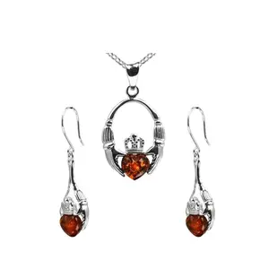Último diseño HOT Honey Amber Sterling Silver Jewelry Set Claddagh Dangling Set Pendientes joyería de moda collares para mujeres