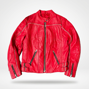Red Men's Genuine Leather Moto Jacket Stand Collar Zipper Closure Regular Fit Autumn Style - Product Image 2