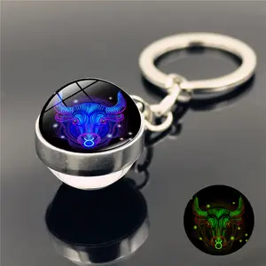 New Arrival Creative Colorful Colors Luminous Glass Ball Metal Key Ring 12 Constellation Luminous Pendant Keychain
