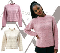 Pull en maille à motif vague ajourée, motif plumes et éventails en dentelle festonnée, bordure contrastante en fourrure, col rond, tricot oversize, vente en gros