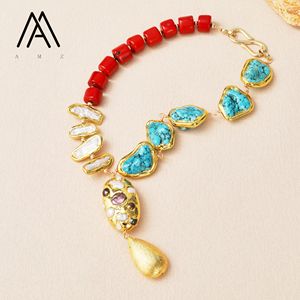 <span class=keywords><strong>Collana</strong></span> <span class=keywords><strong>di</strong></span> Perle Naturali, <span class=keywords><strong>Corallo</strong></span> Rosso e Turchese Blu con Perline, Unisex, Placcata Oro con Rame, Stile Trendy, Gioiello Popolare per Feste - Product Image 2