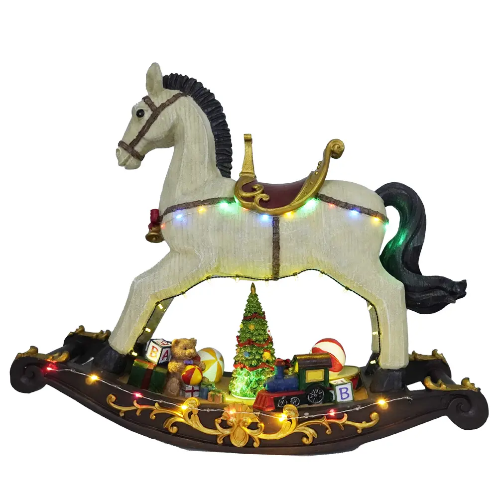 Nuovo arriva il commercio all'ingrosso su misura noel decorazione di festa Led Di Natale della resina cavallo a dondolo musicale con 8 canzoni