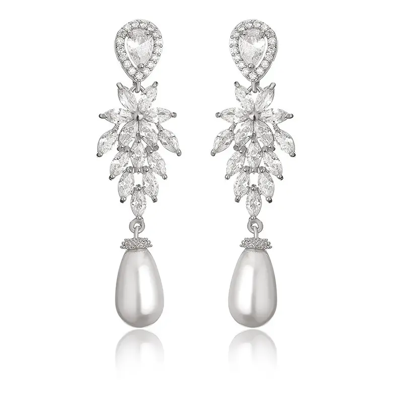 Miallo fashion korean dangle pearl earrings long water drop zircon earrings bridal jewelry wholesale