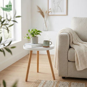 Table d'appoint blanche à bord surélevé, plateau rond en bambou naturel, pieds trépieds, style nordique simple, table basse de canapé, table d'appoint pour la maison - Product Image 5