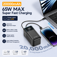 Aspor 20000mAh 65W Power Bank à charge rapide avec câble USB-C intégré, batterie externe portable pour ordinateur portable, téléphone, tablette, A362
