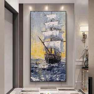 Pintura de barco de paisaje marino al óleo pintada a mano de Dafen en el lienzo del océano con decoración de Arte de Marco - Product Image 5
