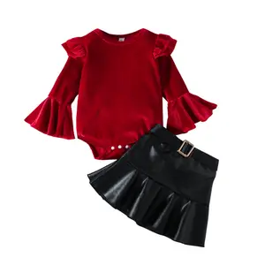 Red Top Belt Leather Skirt Set Toddlers Outfits Summer Wear Kids Clothing Wholesale Baby Clothes Frocks Girl Dress