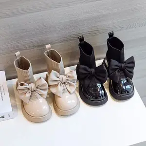 Botas de algodón para niños, botines cortos con lazo negro, calcetines elásticos de punto, moda fina, novedad de otoño